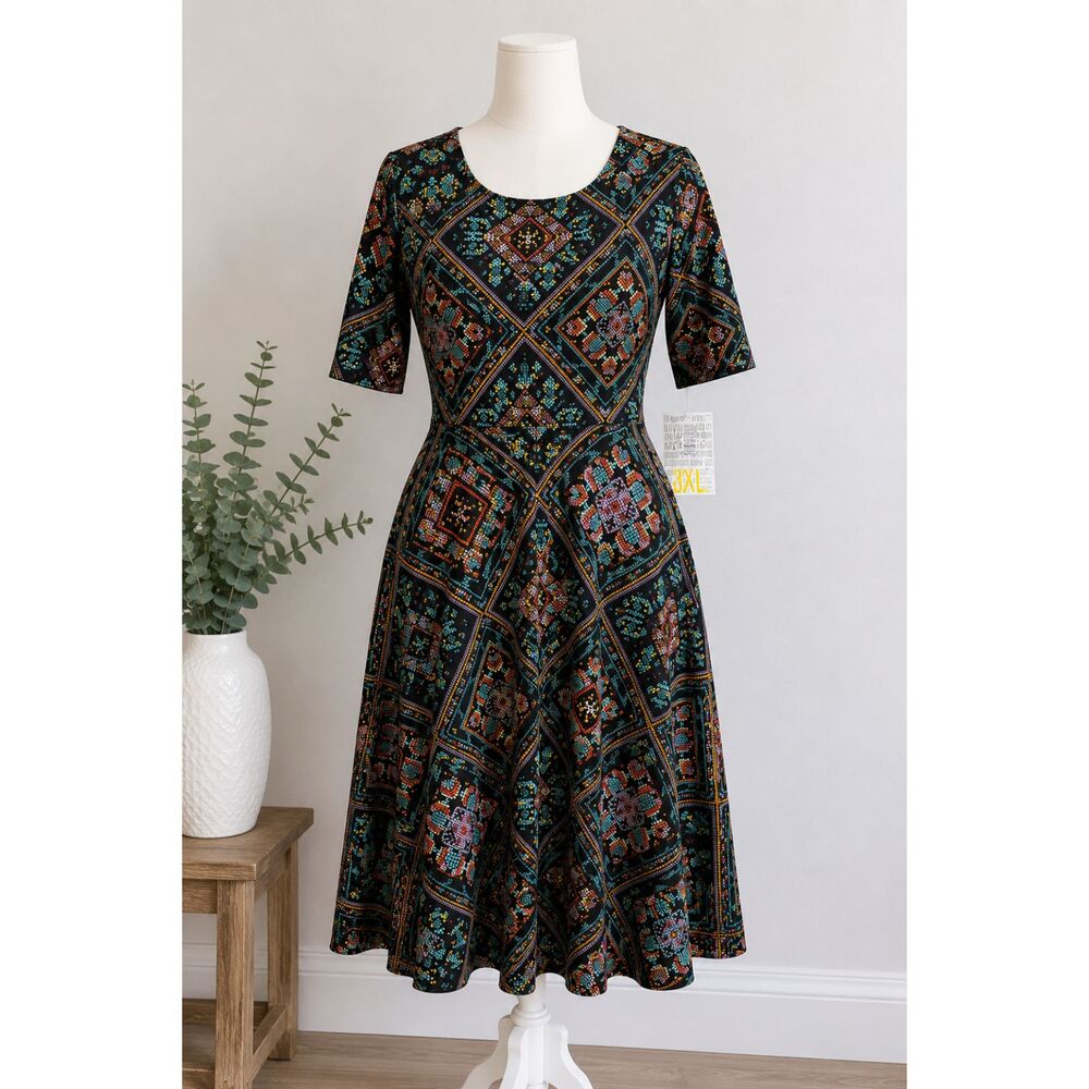 LuLaRoe Nicole Dress 3XL Geometric Mosaic Print Fit & Flare Midi Stretch NWT